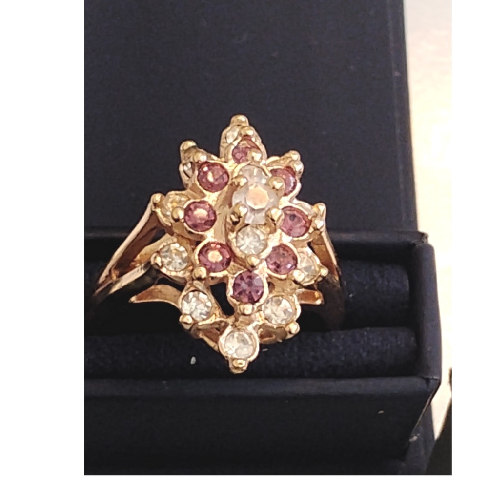 💗VTG Rose Crystal Waterfall Ring Gold 18kHGE Uncas Whimsygoth Y2K PrincessCore